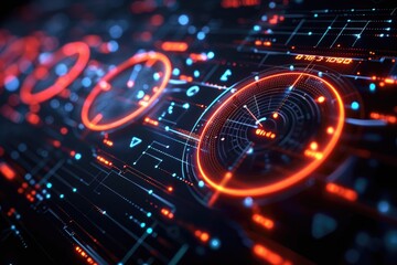 Abstract low-poly 3D network wire and speedometer in dark blue. Superfast internet connection and speed test gauge idea. A digital mesh wireframe containing lines, dots, forms, and luminous particles.