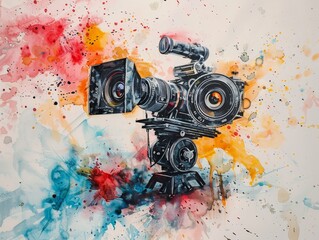 Watercolor tone, illustrating the strategic placement of cameras, props to craft unforgettable movie moments Showcase the interplay of colors, textures, and visual elements that come together to creat