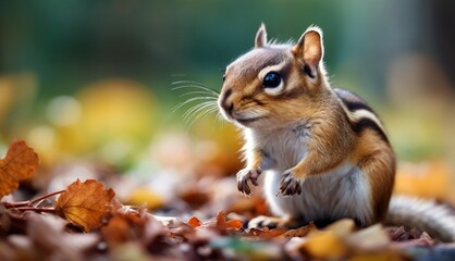   A tiny squirrel perched on its hind legs amidst a mound of leaves, eyes fixed curiously upon the camera