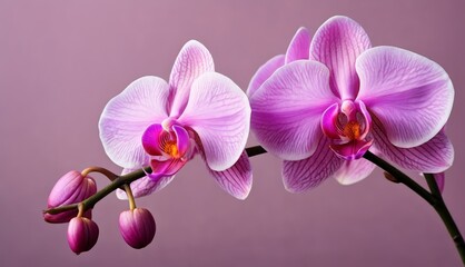   A close-up of two pink orchids on a stem against a pink background is a stunning pink wallpaper