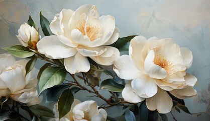   A trio of white blossoms on a green canvas against a blue-gray backdrop, framed by a soft blue wall