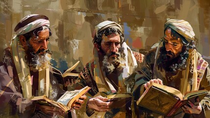 Ancient Jewish Pharisees engaged in intense scriptural study, dedicated to religious law during Jesus Christ era, digital painting