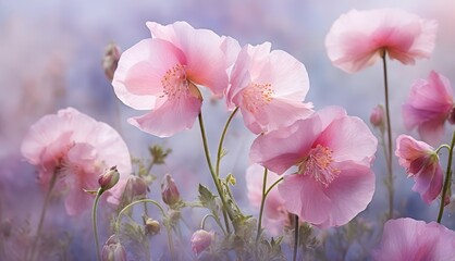   A field full of pink blossoms against a blue sky background