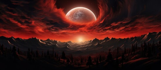A breathtaking painting capturing the full moon rising over a mountain range, with fluffy cumulus clouds in the atmospheric sky creating a stunning natural landscape