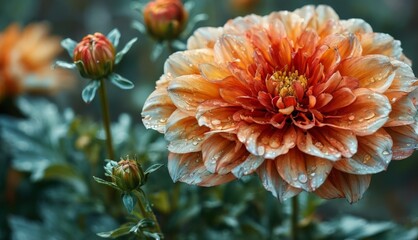   A sharp focus of an enormous orange blossom adorned with dewdrops on its petals, set against a hazy backdrop