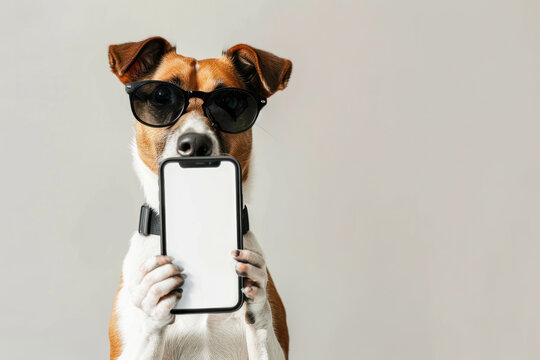 Shocked dog in sunglasses holding smartphone with white screen solid background. ai generative