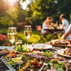 Backyard dinner scene with a tasty grilled BBQ meal, fresh salads, and wine, enjoyed by happy and joyful people on a sunny day.
