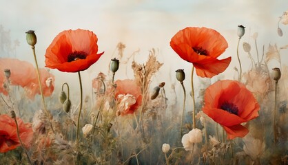   Red poppies in a field of tall grass with a blue sky, white flowers