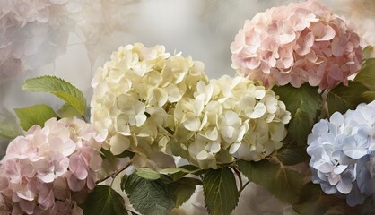   A collection of pink, blue, and white hydrangeas with lush green foliage on a grayscale and ivory backdrop
