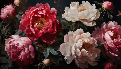   A cluster of vibrant pink and white peonies adorn a dark backdrop, showcasing their lush foliage and blooming buds