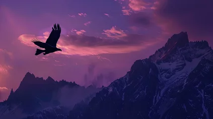 Tuinposter Twilight Majesty: Eagle soars high as day gives way to a symphony of sunset hues. © Alex