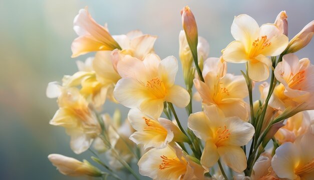   A high-focus image of numerous vibrant blossoms against a soft blur of yellow and white flora in the backdrop