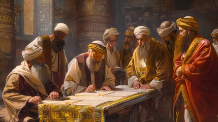 Antique painting of Jewish scribes and rabbis copying sacred Holy Scriptures in ancient Constantinople, historical illustration - obrazy, fototapety, plakaty
