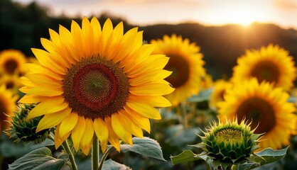   A sunflower field bathed in golden light as the sun sets behind it, casting a warm glow through the leaves of one magnificent sunflower