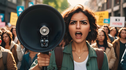 Social dissatisfaction and protest concept with large crowd protesting in the street with focus on loud speaker in woman's hand - obrazy, fototapety, plakaty