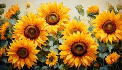   A painting of sunflowers with green leaves and a white wall in the background