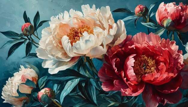   A stunning artwork depicts delicate pink and white peonies against a serene blue backdrop, featuring lush foliage beneath the flowers' elegant blooms