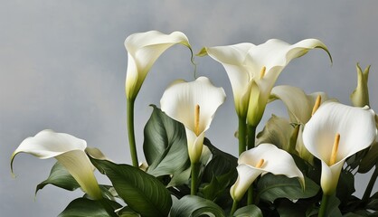 Obraz premium A vase with white calla lilies and green leaves on a gray table