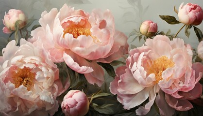  Pink peonies with green leaves and red buds on a gray background surrounded by a yellow center