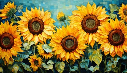   A painting of sunflowers in a blue-sky field and a foreground depiction of sunflowers