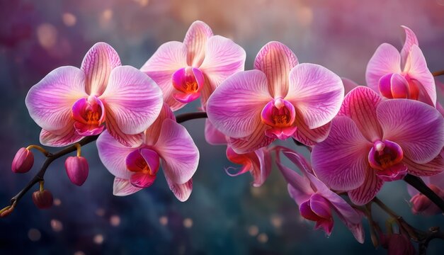   A detailed image of several pink orchids growing on a branch, set against a hazy background