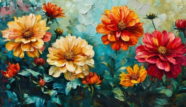   A painting of vibrant flowers against a serene backdrop of blue and green, featuring radiant shades of red, yellow, and orange