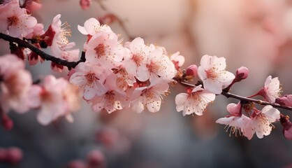  A cherry tree's branch, adorned with pink blooms, is tightly focused against a hazy backdrop