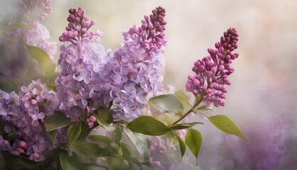   Purple lilacs on a branch with green leaves in focus against a blurry background