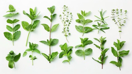 Assorted fresh mint leaves and branches on white background, culinary herbs composition, top view
