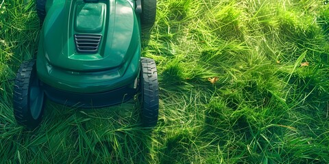 Close-up of a green lawn mower in action on a well-maintained lawn. Concept Lawn Mower, Green Lawn, Working Tool, Landscaping, Yard Maintenance