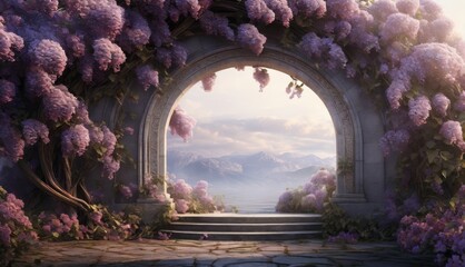   A painting featuring a garden brimming with purple blossoms and winding pathways ascending to a grand arch, framing a serene mountain vista beyond
