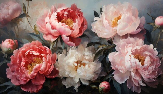   A painting of pink and white peonies with green leaves and buds on a blue and gray background featuring a yellow center