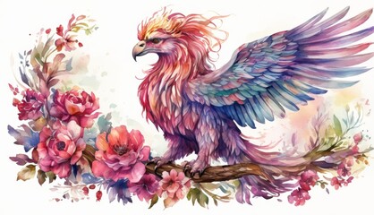   A watercolor depiction of a bird atop a tree's branch, surrounded by pink and purple blossoms - obrazy, fototapety, plakaty