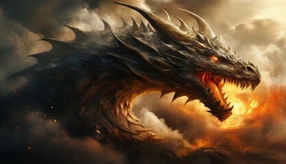   A close-up of a dragon with its mouth wide open in a cloud of fire and smoke - obrazy, fototapety, plakaty