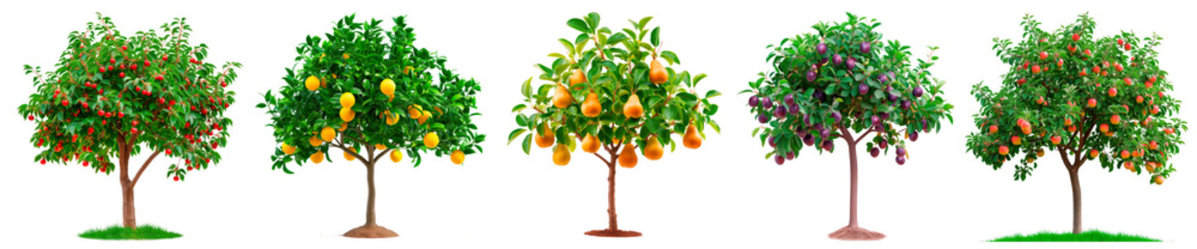 A big bundle of different trees isolated on a white or transparent background. A close-up of a trees with fruits. A graphic design element on the theme of nature and tree care.