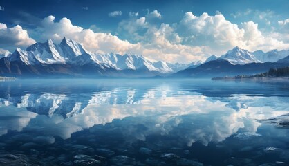   A vast expanse of water, surrounded by majestic mountains and enveloped by fluffy clouds overhead