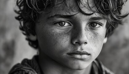   A monochrome picture of a youthful lad with spotted hair and piercing blue eyes