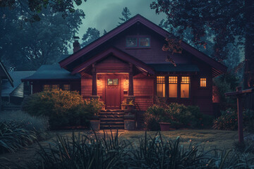 A serene suburban night, a rich burgundy Craftsman style house stands quietly, bathed in the soft ambient light of the surrounding area, peaceful and restful - obrazy, fototapety, plakaty
