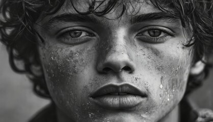   A monochrome image of a youthful lad with spotted tresses and facial freckles