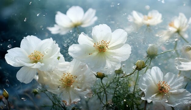   A bouquet of white flowers, droplets of water on petals, suspended in mid-air