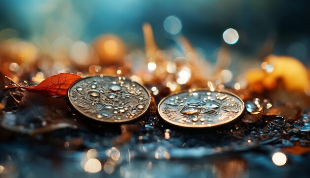   A few coins rest atop a mound of raindrops, perched on a damp grassy expanse