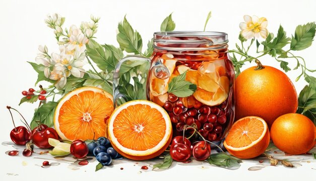   A painting of oranges, cherries, cherries, cherries in a jar, and cherries on a table