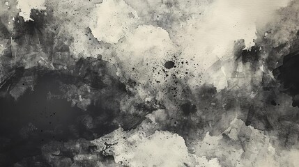 Black watercolor abstract background with ink brush strokes and washes on textured vintage paper