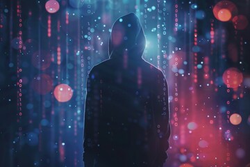 Hacker in hoodie standing on abstract dark hacking background with bokeh circles and binary coding