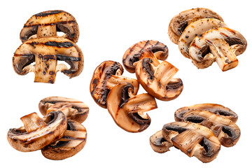 Set of grilled champignon mushrooms slices isolated on a white or transparent background. Grilled mushrooms close-up. Mushroom slices with grill grid marks. Food photography design element.