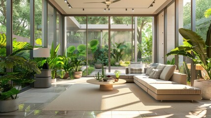Fototapeta premium Bright and Modern Garden Room Interior with Large Windows and Lush Greenery, Architectural Photography