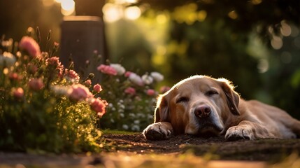 Dog laying down, head on paws, by a flowercovered grave, soft evening light, tranquil, loyal vigil - obrazy, fototapety, plakaty