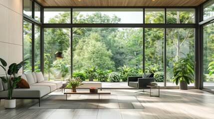 Fototapeta premium Bright and Modern Garden Room Interior with Large Windows and Lush Greenery, Architectural Photography