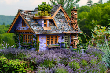 Fototapeta na wymiar A whimsical craftsman-style miniature house with a lavender exterior and a rooftop garden, nestled within a peaceful countryside setting.