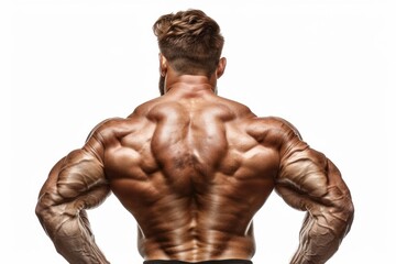 Muscular bodybuilder guy back over white background